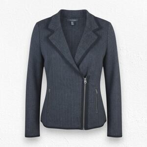 Tahari Gray Herringbone Asymmetrical Zip Wool Blend Moto Jacket Size Large